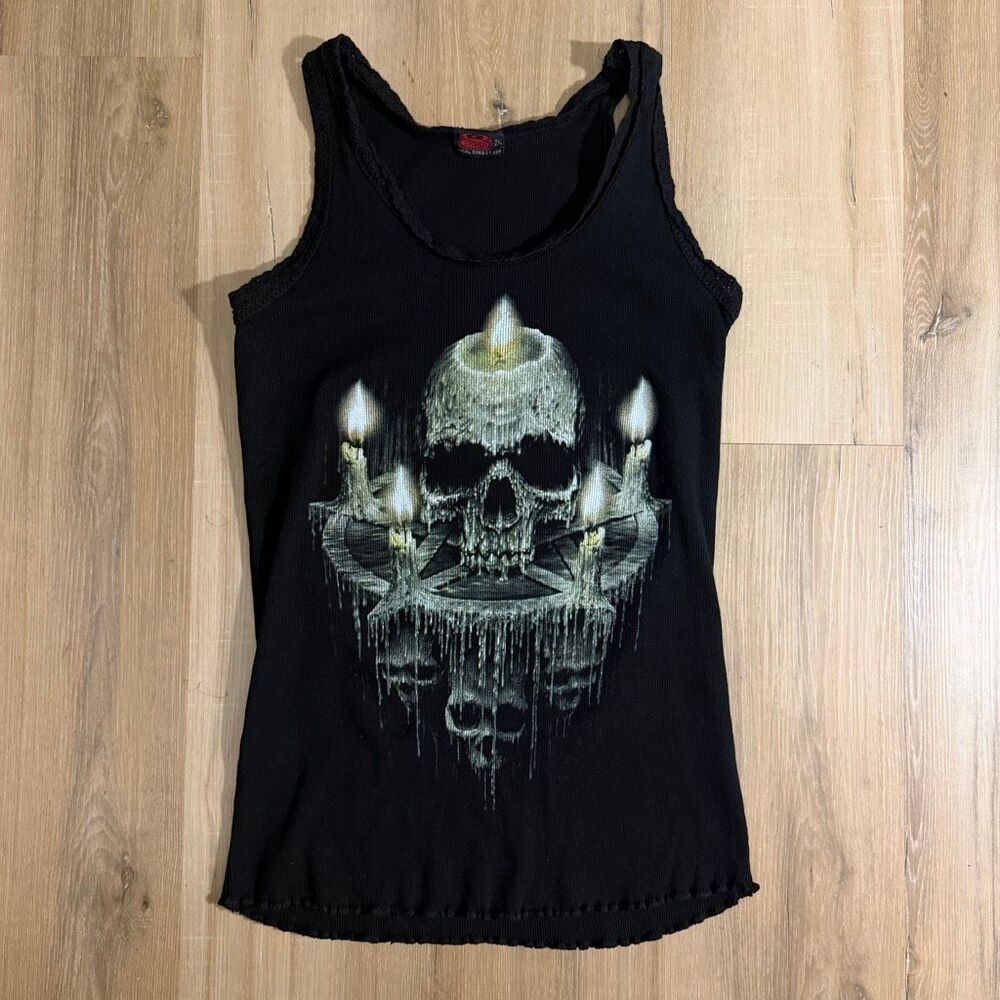 Vintage Y2K Spiral Black Skull Tank Top Horror Graphic Sleeveless Top Sz 2XL Alt
